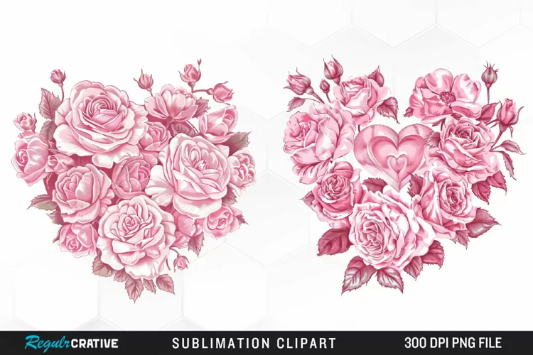 Watercolor Pink With Rose Flowers Heart Art Clipart