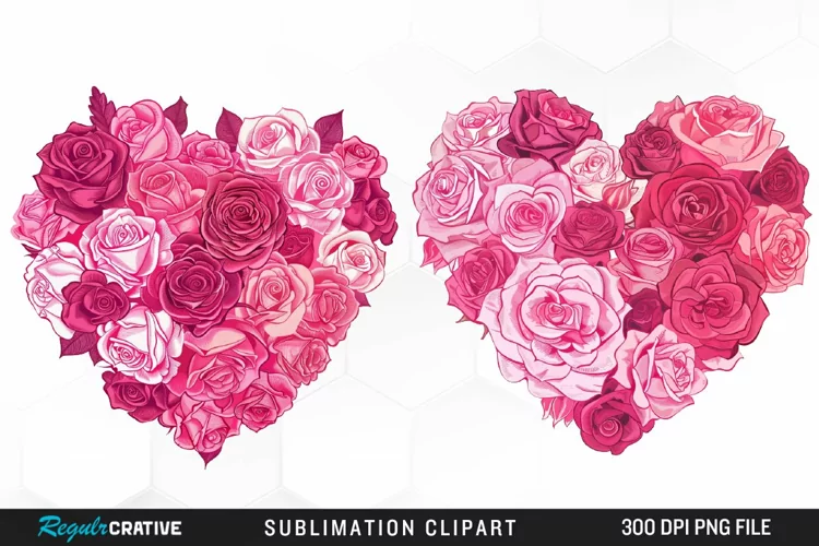 Watercolor Pink With Rose Flowers Heart Art Clipart