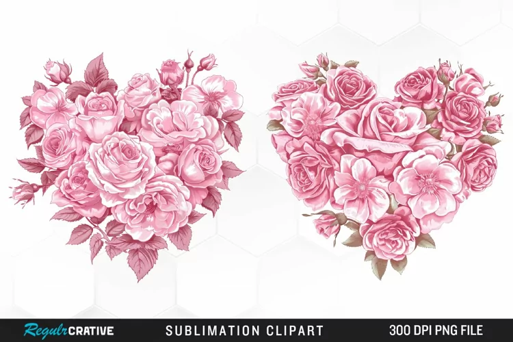 Watercolor Pink With Rose Flowers Heart Clipart