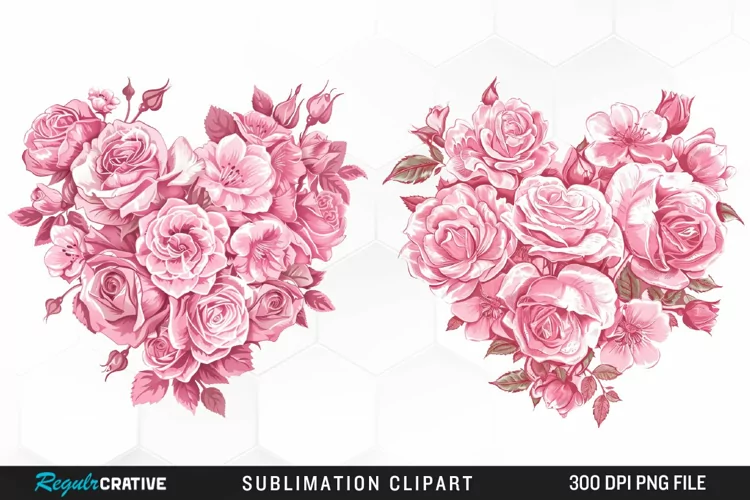 Watercolor Pink With Rose Flowers Heart Clipart
