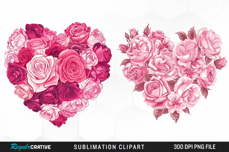 Watercolor Pink With Rose Flowers Heart Art Clipart