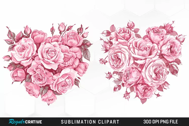 Watercolor Pink With Rose Flowers Heart Clipart