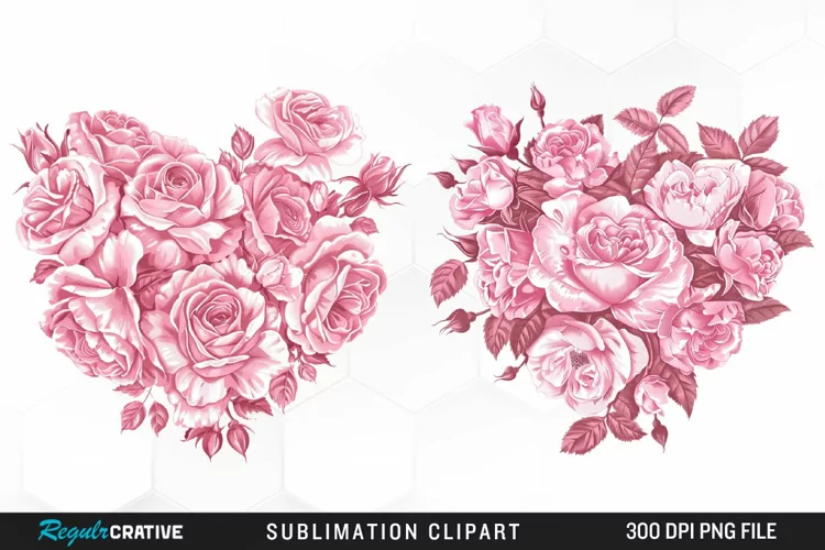 Watercolor Pink With Rose Flowers Heart Clipart