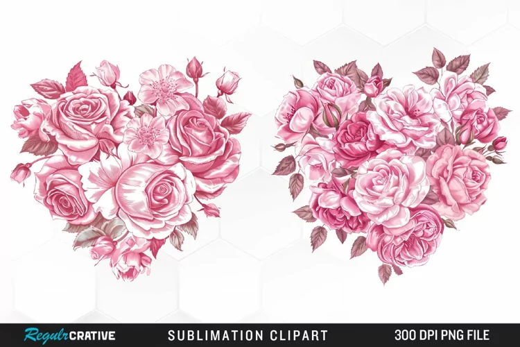 Watercolor Pink With Rose Flowers Heart Clipart