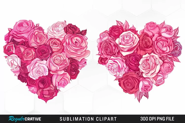 Watercolor Pink With Rose Flowers Heart Clipart
