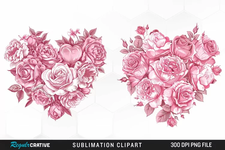 Watercolor Pink With Rose Flowers Heart Clipart