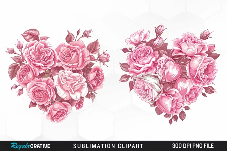 Watercolor Pink With Rose Flowers Heart Clipart