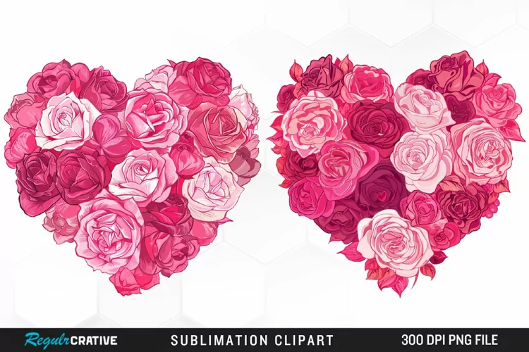 Watercolor Pink With Rose Flowers Heart Clipart