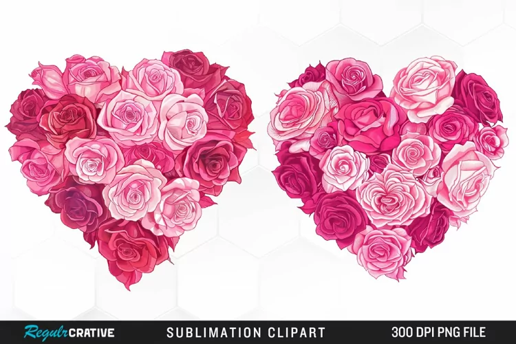Watercolor Pink With Rose Flowers Heart Art Clipart