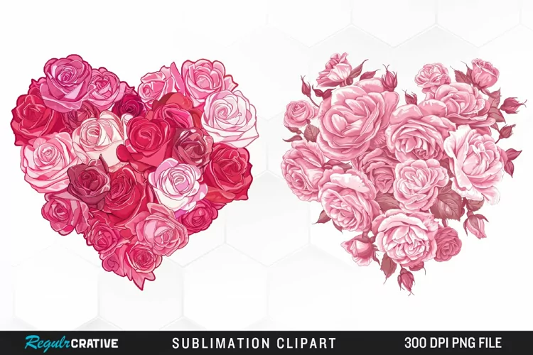 Watercolor Pink With Rose Flowers Heart Art Clipart
