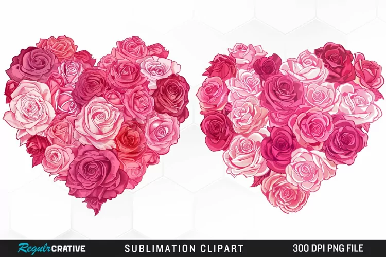 Watercolor Pink With Rose Flowers Heart Art Clipart