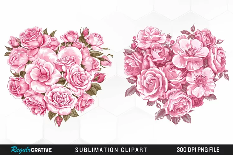 Watercolor Pink With Rose Flowers Heart Art Clipart
