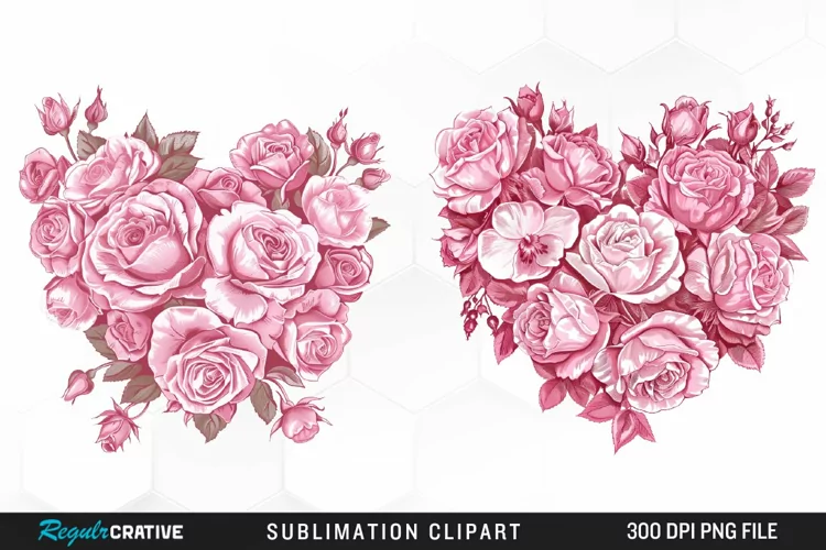 Watercolor Pink With Rose Flowers Heart Art Clipart