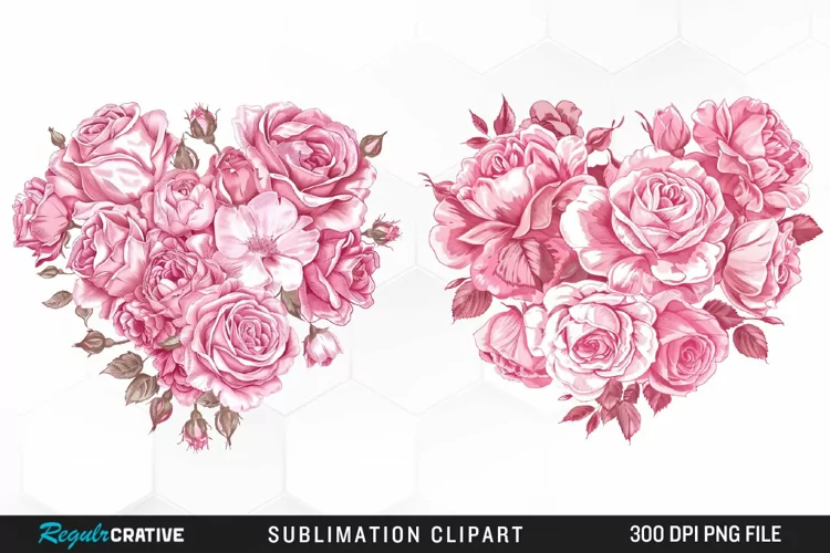Watercolor Pink With Rose Flowers Heart Clipart