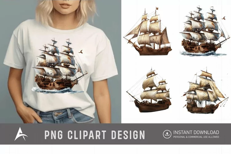 Watercolor Pirate Ship Clipart