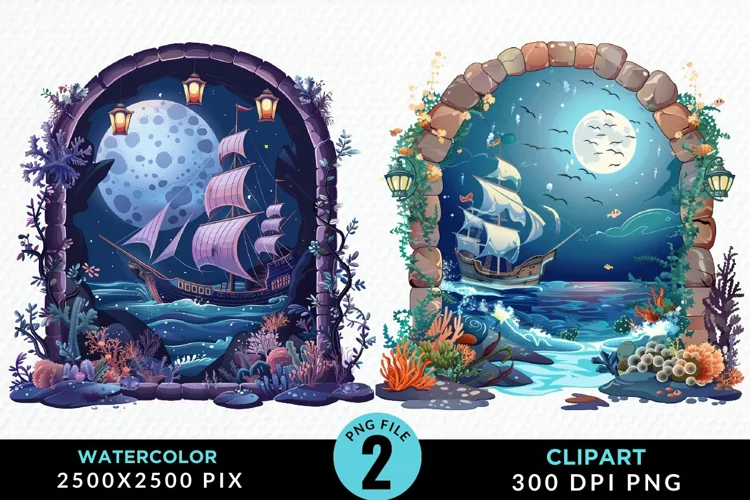 Watercolor Pirates Cove Illustration Clipart