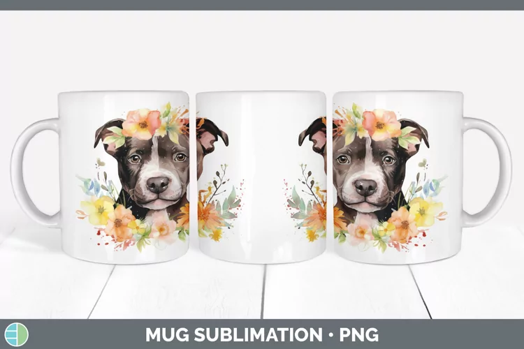 Watercolor Pit Bull Dog Mug Wrap | Sublimation Coffee Cup De