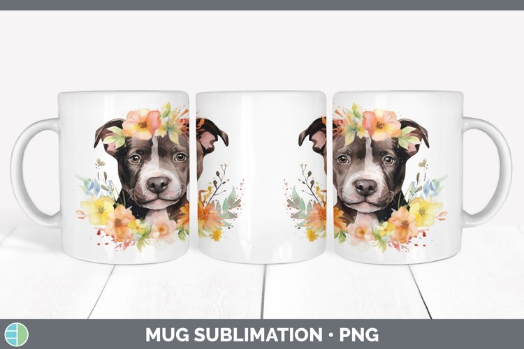 Watercolor Pit Bull Dog Mug Wrap | Sublimation Coffee Cup De