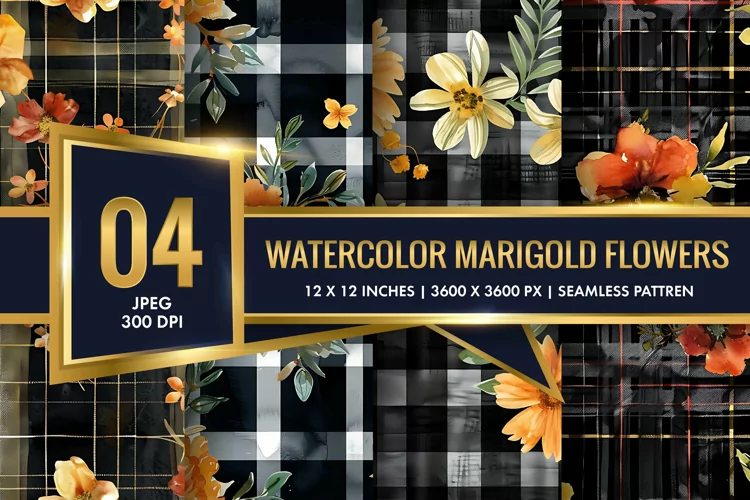 Watercolor Plaid with Marigold Flowers Digital Paper