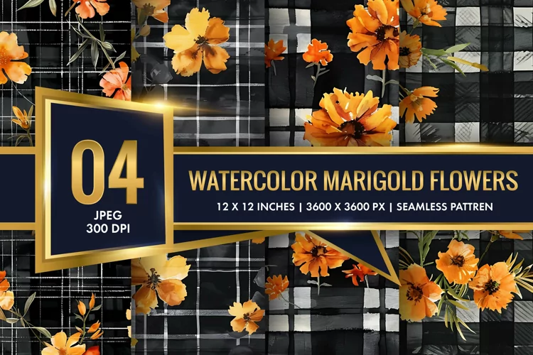 Watercolor Plaid with Marigold Flowers Digital Paper