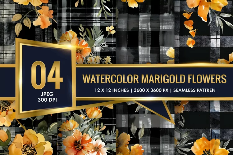 Watercolor Plaid with Marigold Flowers Digital Paper