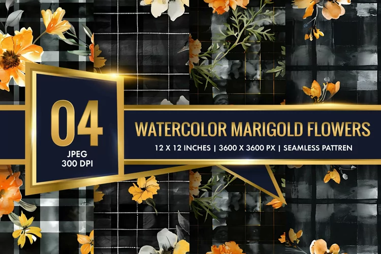 Watercolor Plaid with Marigold Flowers Digital Paper