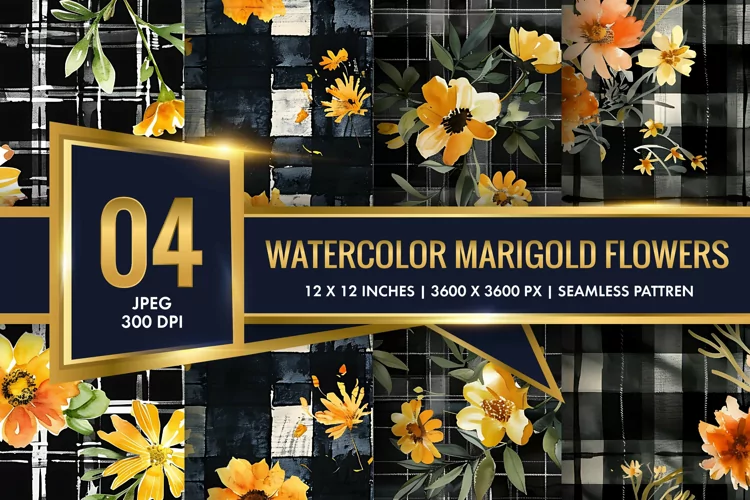 Watercolor Plaid with Marigold Flowers Digital Paper