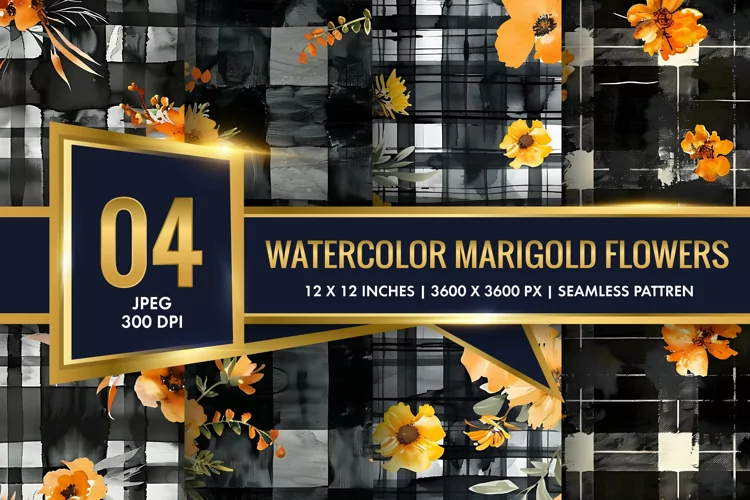 Watercolor Plaid with Marigold Flowers Digital Paper
