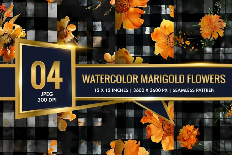 Watercolor Plaid with Marigold Flowers Digital Paper