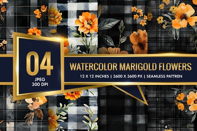 Watercolor Plaid with Marigold Flowers Digital Paper