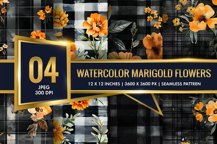 Watercolor Plaid with Marigold Flowers Digital Paper