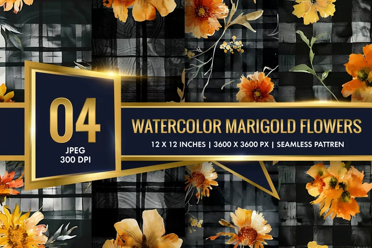 Watercolor Plaid with Marigold Flowers Digital Paper