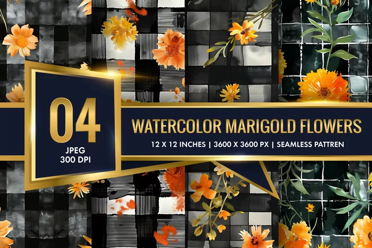 Watercolor Plaid with Marigold Flowers Digital Paper