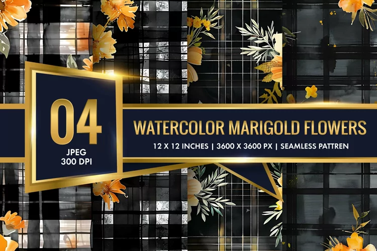 Watercolor Plaid with Marigold Flowers Digital Paper