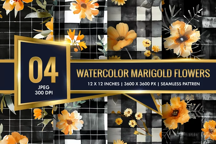 Watercolor Plaid with Marigold Flowers Digital Paper
