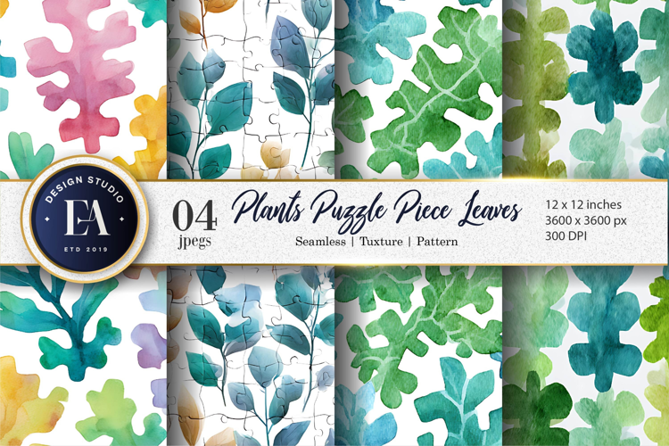 Puzzle Leaf Plants Hand-Painted Watercolor Digital Paper
