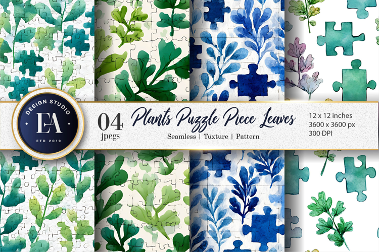 Watercolor Plants with Puzzle Shaped Leaves Digital Paper