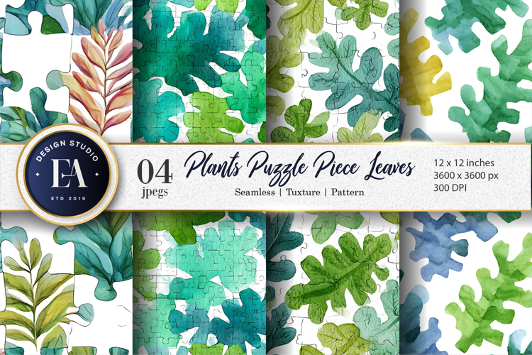 Watercolor Puzzle Leaf Plants Seamless Pattern Digital Paper