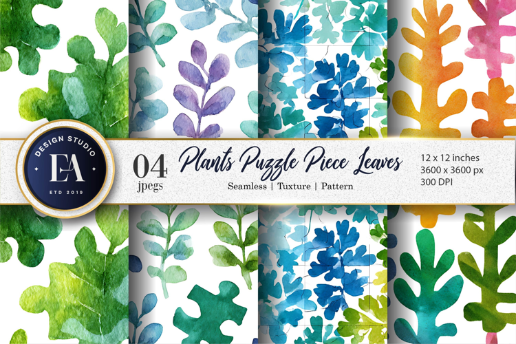 Puzzle Leaf Plants Hand-Painted Watercolor Digital Paper