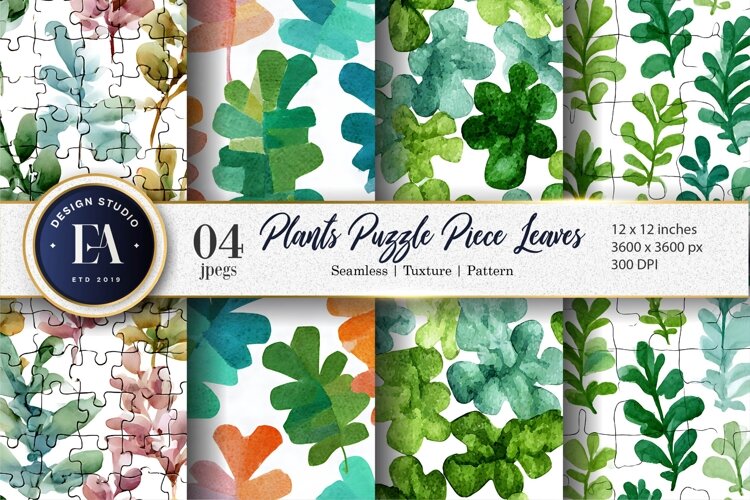Puzzle Leaf Plants Hand-Painted Watercolor Digital Paper example image 1