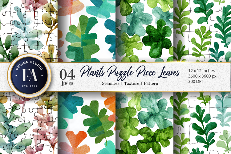 Puzzle Leaf Plants Hand-Painted Watercolor Digital Paper