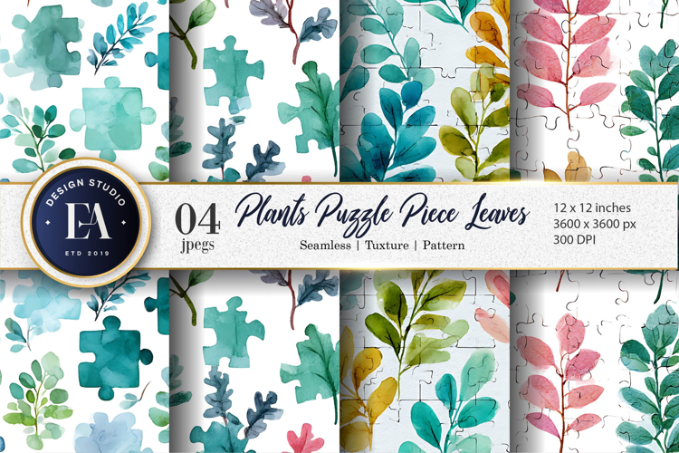 Watercolor Plants with Puzzle Shaped Leaves Digital Paper