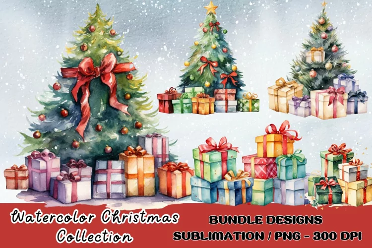 Watercolor Christmas tree presents Sublimation Clipart