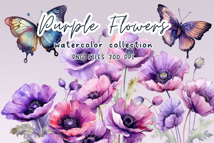 Purple watercolor flower & butterfly sublimation example image 1