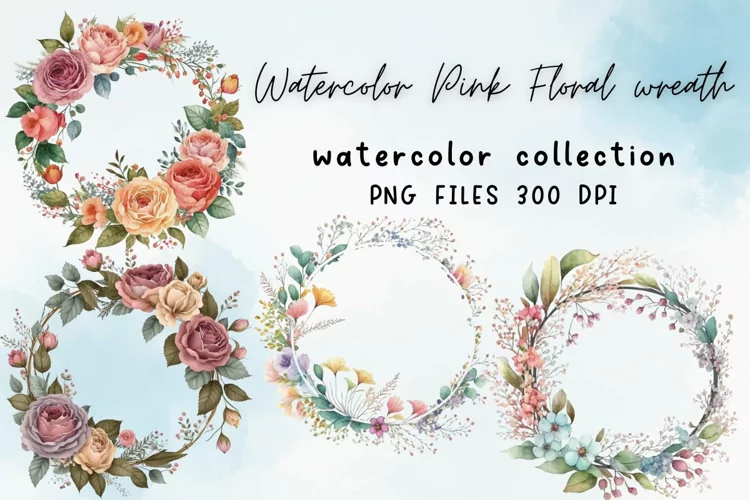 Watercolor Pink Floral wreath Sublimation