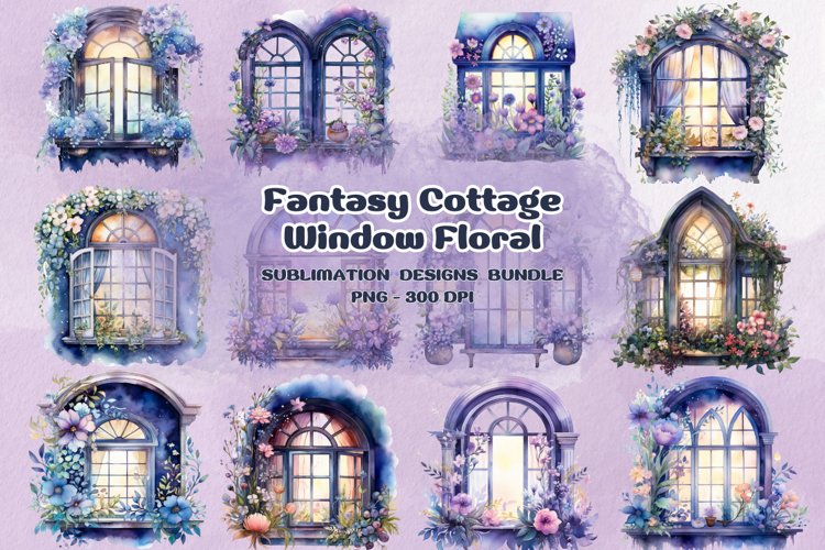 Watercolor Fantasy Cottage Window Floral Halloween Clipart example image 1