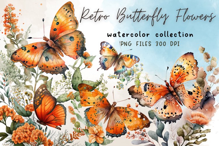 Retro Butterfly Flowers Watercolor Sublimation example image 1