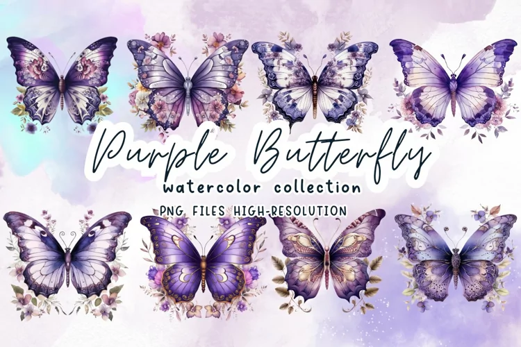 Purple Butterfly Watercolor Clipart