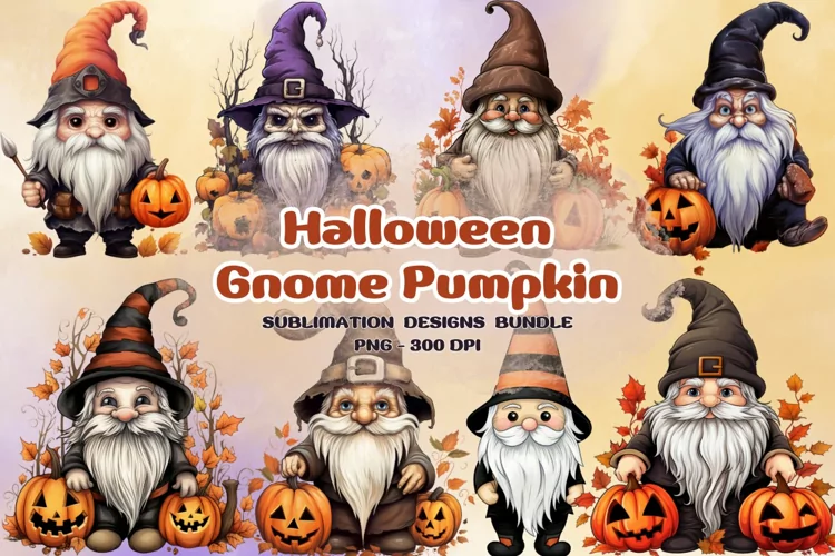 Halloween Gnome Pumpkin Sublimation PNG, Clipart Bundle
