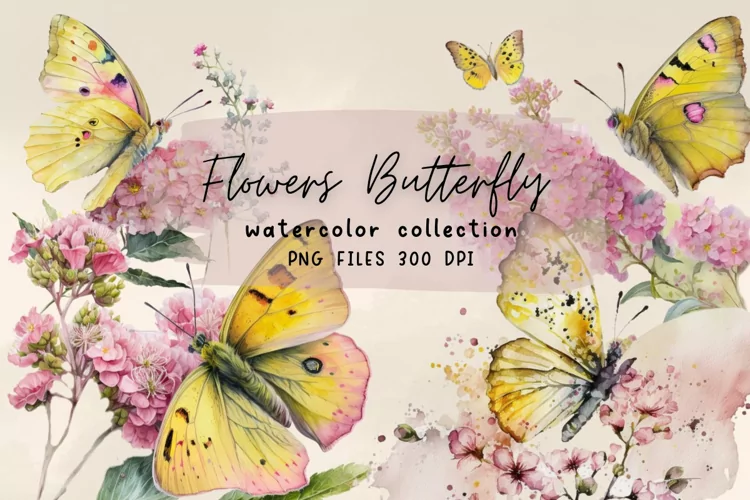 Butterfly Flower Yellow Watercolor Clipart